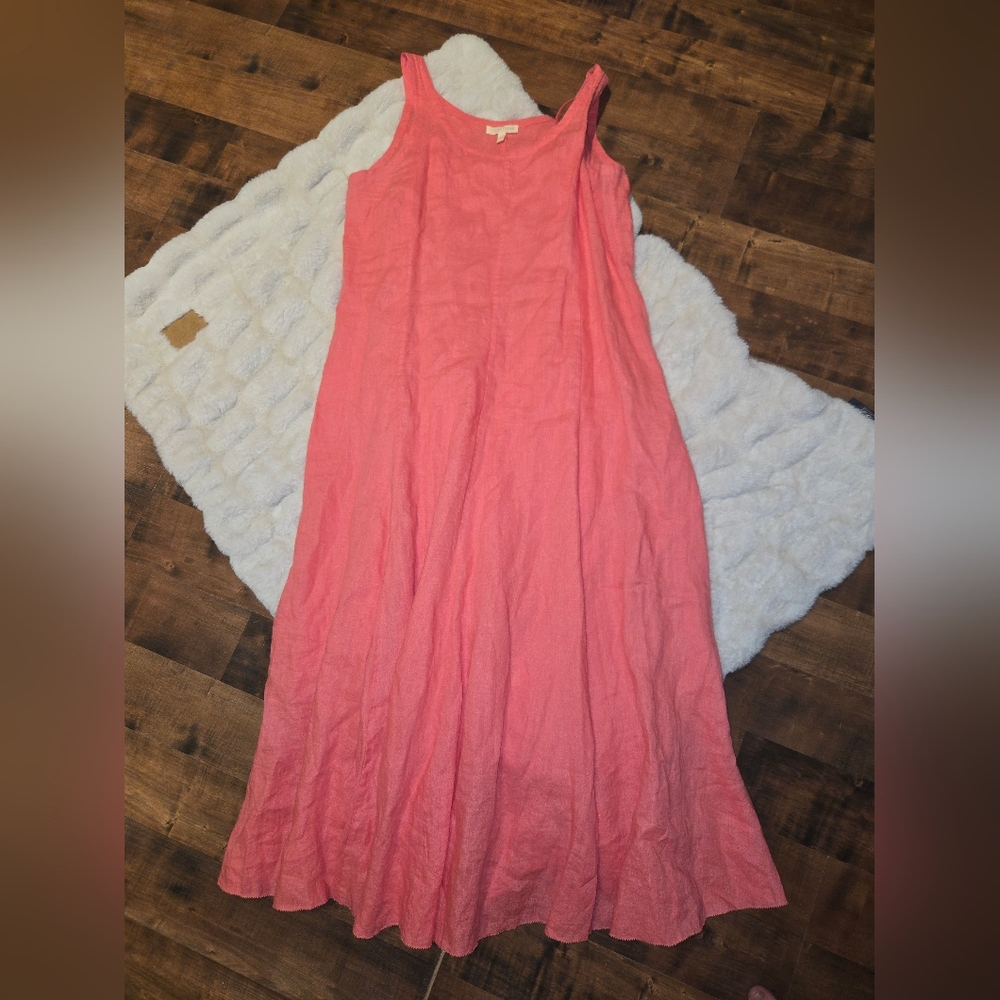 Eileen Fisher 100% Irish Linen [Petite Medium] Coral Pink Scoop Dress Lagenlook